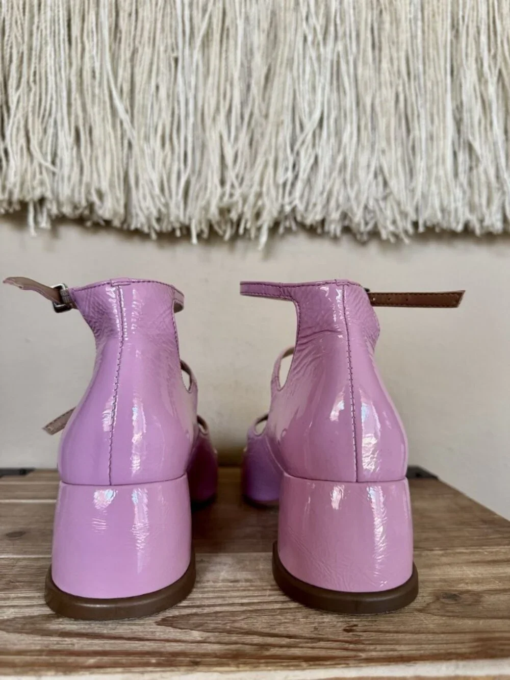 Anthropologie Vincenza Pink Patent Leather Triple Strap Mary Jane Block Heels 6